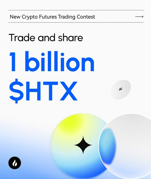 Promotional graphic for HTX's "New Crypto Futures Trading Contest," featuring bold text that reads "Trade and share 1 billion $HTX" alongside colorful spherical design elements that visually highlight the massive prize pool announced in the accompanying post.
