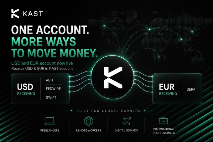The image features a poster for a new app called KAST, which allows users to manage their finances by creating accounts that receive payments from various sources such as employers, clients or their own bank. The poster includes details about the account types available on the app, including one account that can be used to send and receive US dollars and another account that can be used for EUR transactions.

The post also provides information about how users can manage these accounts by entering the necessary details such as the account type, the currency being sent or received, and the recipient's bank details. The app is designed to make it easy for users to move money between different accounts and currencies, providing a convenient way to handle financial transactions in today's global economy.