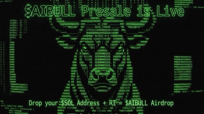 A Matrix-style ASCII art image features a green pixelated face overlaid with bold text announcing "$AIBULL Presale is Live," reinforcing the promotional message about the presale on aibull.vercel.app. Additional text invites users to drop their $SOL address and retweet to receive a 135,000 $AIBULL airdrop.