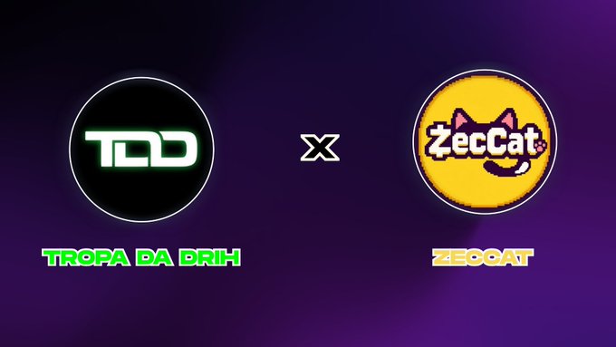A collaboration banner featuring two logos: 'TDD' (TROPA DA BRIH) in a black circle with green text, and 'ZecCat' in a yellow pixel-art cat circle, separated by an 'x' on a purple background.