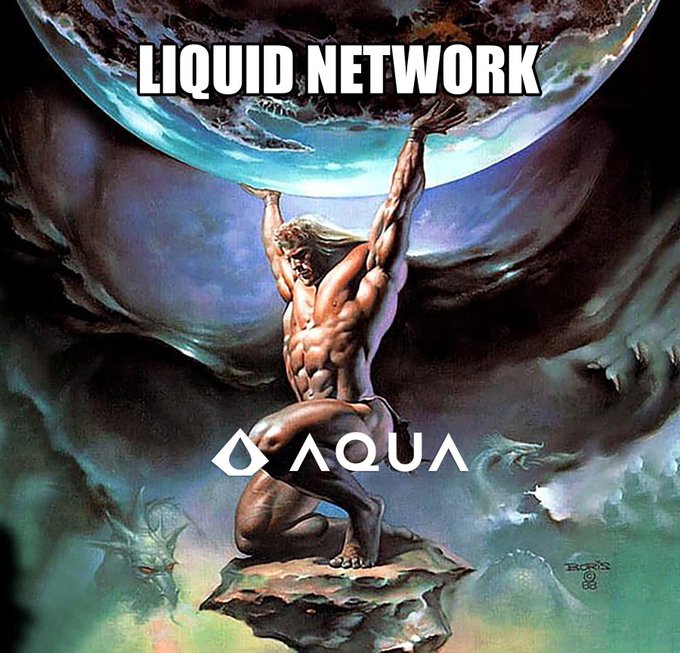 A fantasy illustration of a muscular figure kneeling on a rocky outcrop while holding up the Earth, overlaid with the text "LIQUID NETWORK" and the "AQUA" logo.