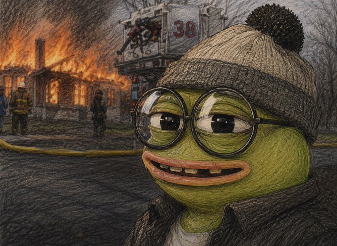 A Pepe the Frog cartoon character wearing a beanie and round glasses looks on with a strained smile while, in the background, firefighters battle a house fire near a fire truck marked "38" — humorously depicting the chaotic "Open Access" NFT drop referenced in the post's "OA chaos" warning.