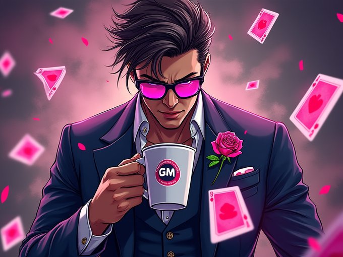 Digital anime-style artwork of a suave man with spiky dark hair and pink sunglasses, wearing a suit with a rose in the lapel, holding a white cup with a 'GM' logo as pink playing cards float around him.