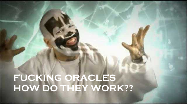 A man wearing a white robe with black face paint stands with arms raised dramatically against an ethereal teal background, captioned with "FUCKING ORACLES HOW DO THEY WORK??" — humorously framing the mystique of blockchain oracles, the technology behind Chainlink ($LINK), which the post promotes as the singular solution connecting countless chains, databases, and stablecoins.