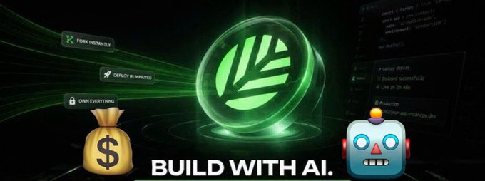 A green glowing shield logo with a leaf-like emblem is centered beside a money bag with a dollar sign and a small robot character, with floating tags reading "FORM INSTANTLY," "DEPLOY IN MINUTES," and "OWN EVERYTHING," and the bold text "BUILD WITH AI." at the bottom—visually reinforcing the post's message about @CNPYNetwork giving new chains a fast, cost-free launch with built-in tools, unlike projects that burn through their runway.