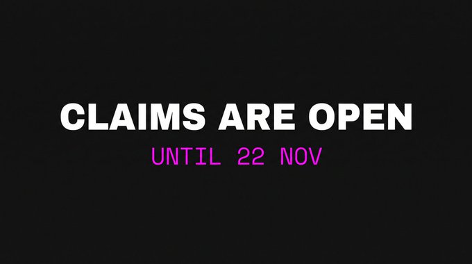 The image displays the text “CLAIMS ARE OPEN” with “UNTIL 22 NOV” in magenta beneath it, indicating the DATUM airdrop and vesting claim window mentioned in the accompanying post.