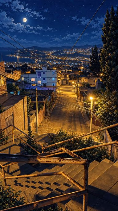 A nighttime view looking down a steep staircase at a hillside neighborhood with city lights and a full moon in the distance.