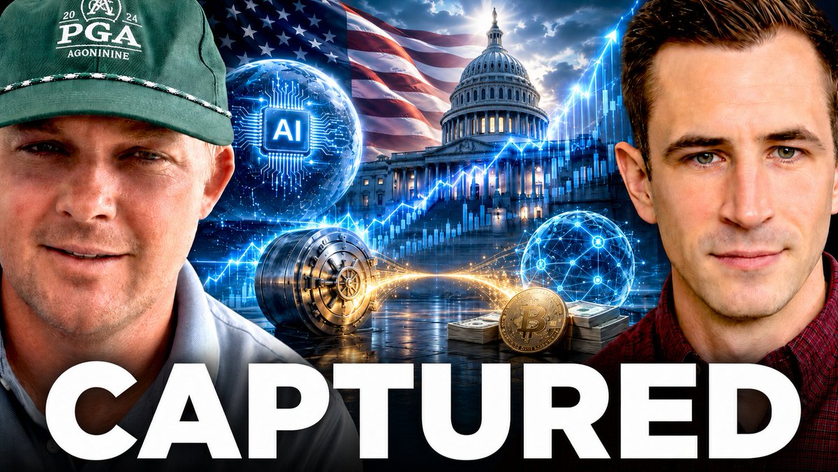 A YouTube thumbnail titled 'CAPTURED' featuring two men, with imagery including the U.S. Capitol building, an American flag, a Bitcoin coin, a vault, and AI/network graphics in the background.