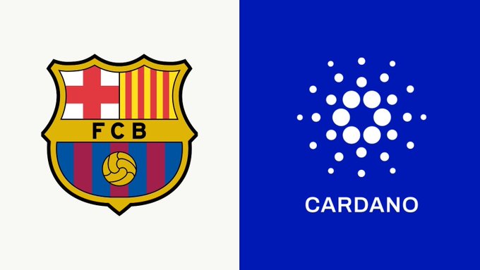 Split image showing the FC Barcelona (FCB) crest logo on the left and the Cardano (ADA) logo on the right against a blue background.