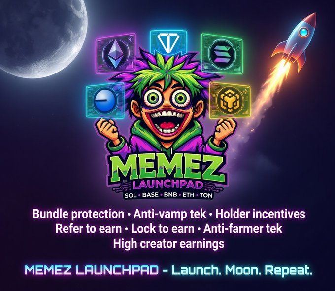 The image features a colorful cartoon character dressed as a boy, holding up a bunch of different symbols for various types of tokens or coins. The text around these illustrations explains that Memez is launching a new token called "Memez Launchpad", which will allow users to trade and access tokens with any cryptocurrency supported. The post also mentions the possibility of receiving high rewards or creating money through this new launchpad. The image appears to be part of a larger social media campaign related to Memez's new project, possibly encouraging people to create content using the character from Memez.