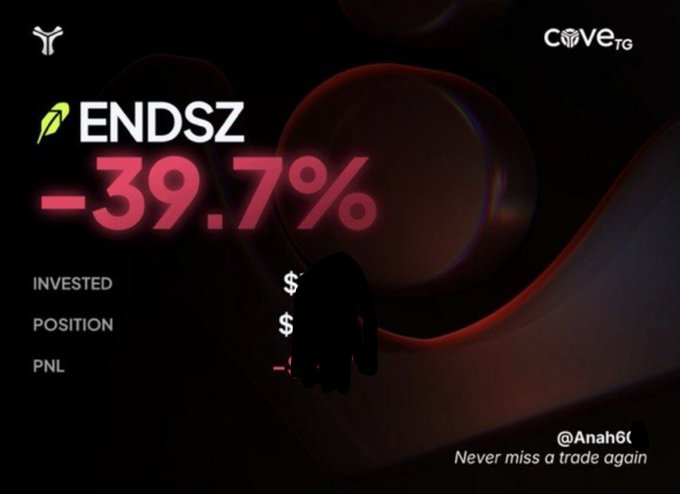 A Cove.trade promotional graphic showing a -39.7% loss on the ticker ENDSZ with a shadowy figure against a dark red background, tagged @Anah6L.