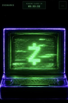 A retro-styled digital wallpaper showing a glowing CRT monitor displaying a "Z" symbol with green code-like text, framed in purple neon, with a countdown timer reading "05:33:32" at the top.