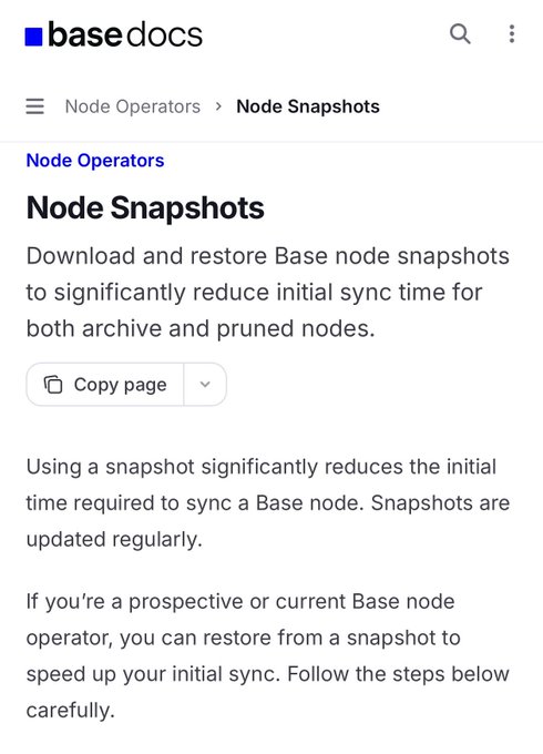 The image shows a screenshot of a page from Base Documents that appears to be related to node snapshot operators. The title of the screen reads " nodes snapshot operators [Download and restore Base Node snapshots to significantly reduce initial synchronous time for both archive and pruned paths." It seems like the screenshot is meant to help users understand how to use this feature properly, as many screenshots are shown on the image with various contexts, such as the need for a swift operator or a current snapshot operator. However, it appears that some of these screenshots might be misleading, as they may not provide accurate information about how to use the base token effectively or correctly.