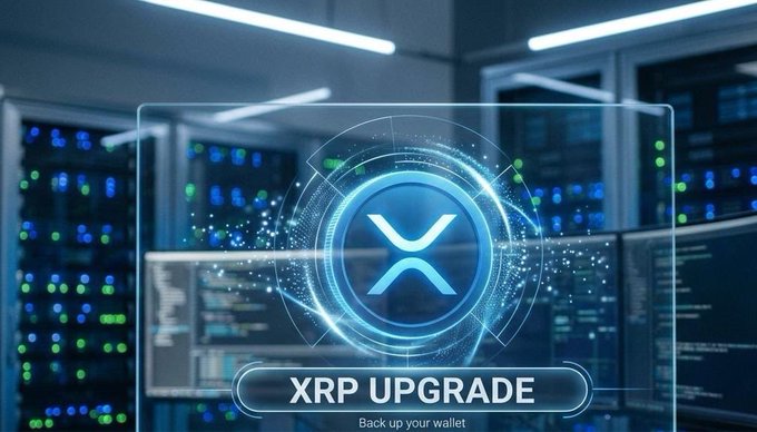 A digital graphic displays the XRP logo within a glowing circular interface against a backdrop of server racks, accompanied by the text "XRP UPGRADE" and the instruction "Back up your wallet" — visually reinforcing the post's urgent warning about an upcoming XRP Ledger network upgrade and the need to secure wallet credentials beforehand.