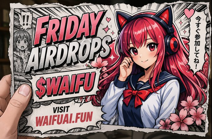 A hand holds a vibrant anime-style promotional flyer featuring a red-haired "waifu" character with cat-ear headphones, displaying bold text that reads "FRIDAY AIRDROPS $WAIFU" alongside the URL "WAIFUAI.FUN" and Japanese text inviting participation. The flyer visually reinforces the social media airdrop announcement for the $WAIFU token, promoting the Binance listing and 100,000 token giveaway as part of ZeusProjectSol's Friday campaign.