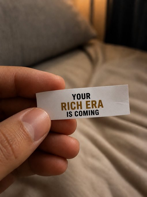 A hand holds a small fortune cookie slip that reads 'YOUR RICH ERA IS COMING' in front of a blurred bed.