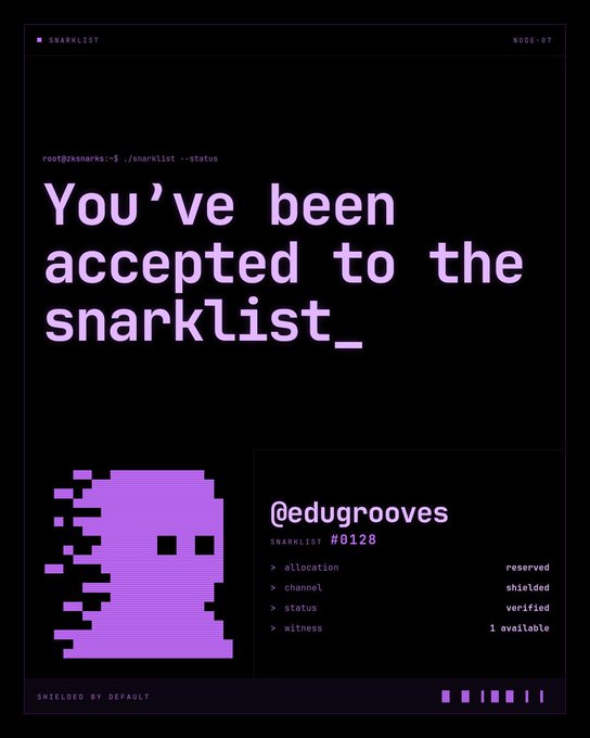 A digital graphic celebrates acceptance to the snarklist for user '@edugrooves' with a pixelated purple ghost icon, showing details like 'SNARKLIST #0128' and 'channel: shielded'.