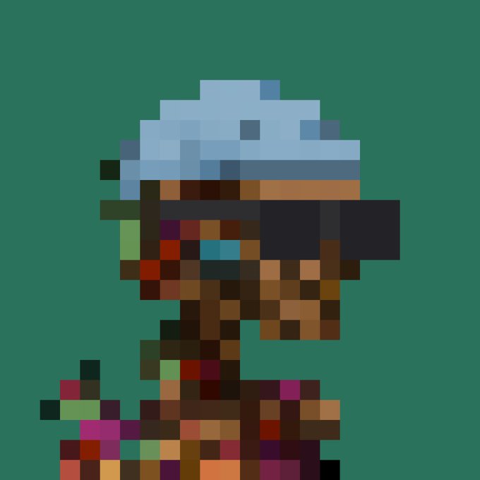 A pixel art image shows a character wearing a light blue cap or helmet with a dark visor and brownish patterned clothing against a teal background.