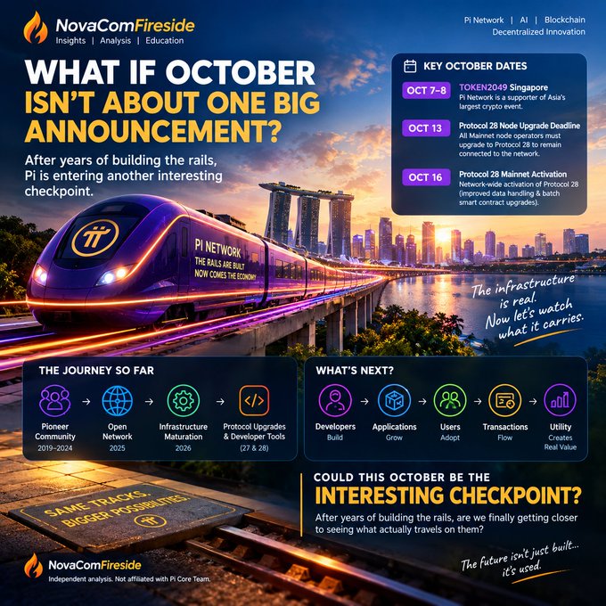 An infographic from NovaComFireside titled 'WHAT IF OCTOBER ISN'T ABOUT ONE BIG ANNOUNCEMENT?' discussing Pi Network's infrastructure checkpoints, key October dates (Oct 7-8 TOKEN2049 Singapore, Oct 13 Protocol 28 Node Upgrade, Oct 16 Protocol 28 Mainnet Activation), and development journey milestones.