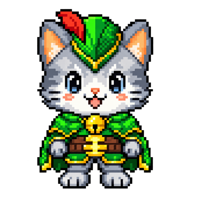 A pixel art illustration of an adorable white cat character dressed in a green and gold medieval musketeer outfit with a feathered beret.