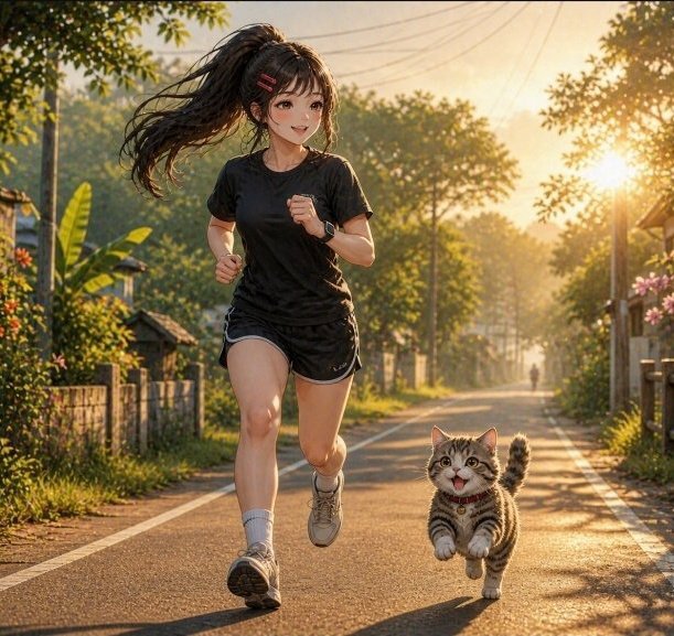 An anime-style illustration depicts a smiling young woman with a dark ponytail running down a sunlit street, accompanied by a tabby cat running alongside her.