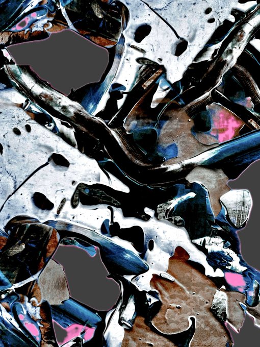 Abstract digital artwork featuring swirling metallic black, white, and pink forms against a dark background.