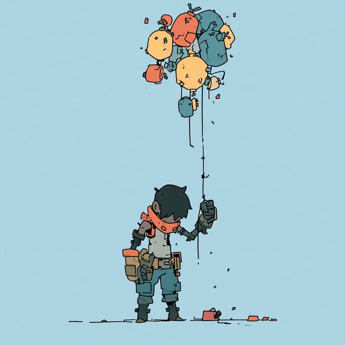 A character with cat ears and a red scarf holds a cluster of colorful, round balloon-like figures tied together on strings, appearing as if they're floating or being released upward against a blue background, symbolizing the launch or release of a new NFT collection called "Wasteland" referenced in the post.