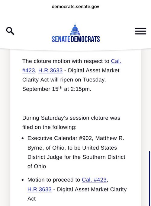 A screenshot from democrats.senate.gov announcing that the cloture motion for Cal. #423, H.R.3633 - Digital Asset Market Clarity Act will ripen on Tuesday, September 15th at 2:15pm.