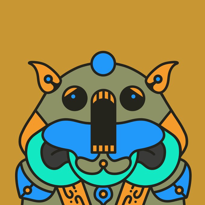 A stylized digital illustration of a green creature resembling a mech or armored figure with a blue gem on its forehead, orange ears, and a black snout against a tan background.