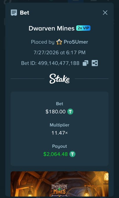 The image shows a Stake.com betting slip for a Dwarven Mines game placed by Pro5Umer on 7/27/2026 at 6:17 PM, featuring a $180.00 bet with an 11.47x multiplier resulting in a $2,064.48 payout, illustrating one of the successful wins mentioned in the post where the user turned a $300 deposit into $3,000.