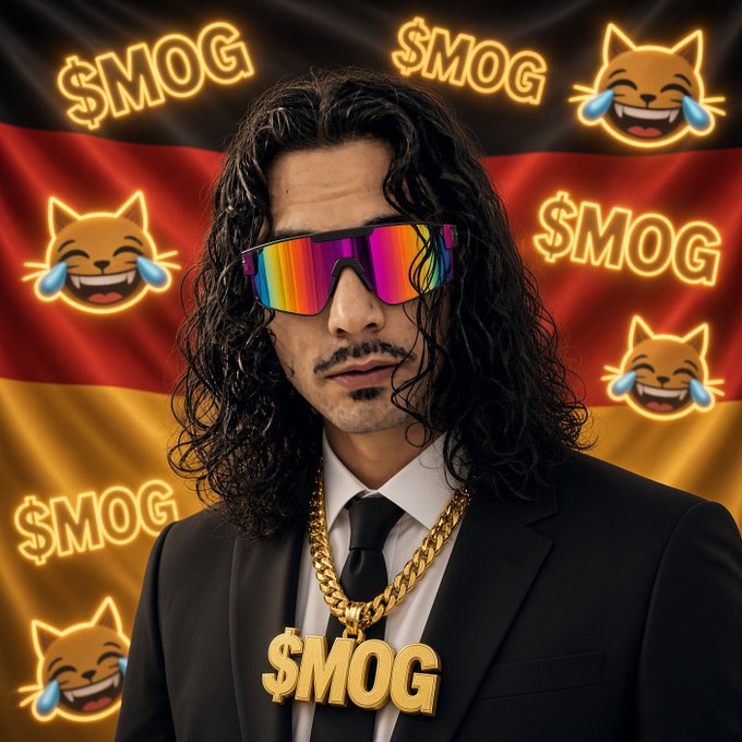 A digitally edited image of a man with long curly hair, wearing sunglasses, a suit, and a gold chain with a '$MOG' pendant, set against a German flag background filled with '$MOG' text and laughing cat emojis.