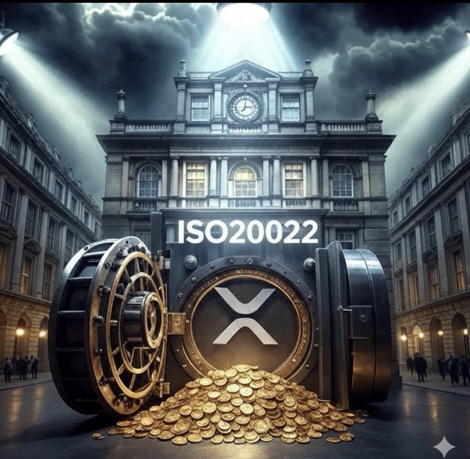The image depicts an imposing vault labeled "ISO20022" with the XRP logo on its heavy door, set before a grand classical building with a clock tower under dramatic spotlights, with a pile of gold coins spilling out at its base. This visual ties to the post's message about cryptocurrency focus—the ISO20022-compliant XRP and vault of gold symbolize the importance of thinking beyond quick riches and planning meaningful next steps with any gains, whether securing traditional wealth or positioning for the future of finance.