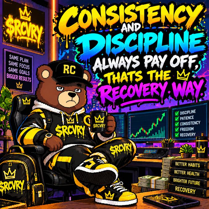A motivational graphic featuring a bear character wearing a cap and hoodie branded 'SRCVRY', with graffiti-style text reading 'Consistency and Discipline Always Pay Off, That's the Recovery Way.'