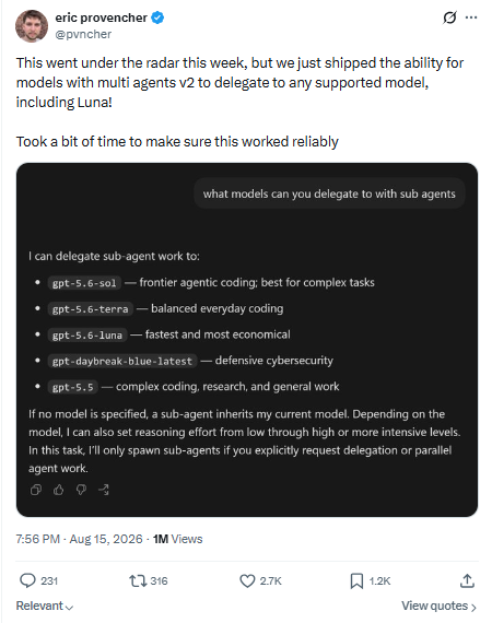 A tweet by Eric Provencher (@pvncher) from August 15, 2026, announces that multi-agents v2 can now delegate to any supported model including Luna, with a screenshot showing available delegation options (gpt-5.6-sol, gpt-5.6-terra, gpt-5.6-luna, gpt-dadbreak-blue-latest, and gpt-5.5). The image illustrates Codex's new automatic delegation feature where premium agents like Sol and Terra can now hand off tasks to the more economical Luna model without manual setup.