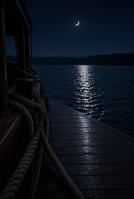 A moody nighttime scene showing a crescent moon reflecting on a calm body of water, with a wet wooden dock and coiled rope in the foreground.