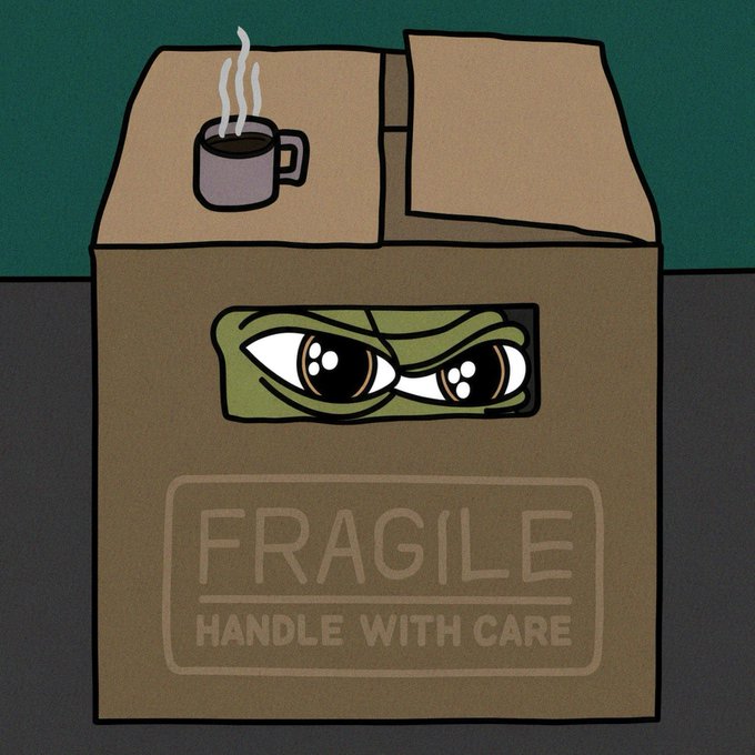 An illustration of a cardboard box labeled 'FRAGILE HANDLE WITH CARE' that has angry eyes peering through a hole and a steaming coffee cup on top, set against a dark green background.