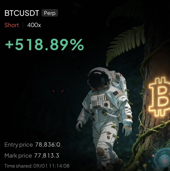 A trading screenshot showing a profitable BTCUSDT short position with 400x leverage, achieving +518.89% return, with an entry price of $78,836.0 and mark price of $77,813.3, shared on 09/01 at 11:14:08. The image features a visually striking astronaut scene with a glowing Bitcoin symbol, complementing the trader's caption about partially closing the position to recover losses from being stuck at $64K.