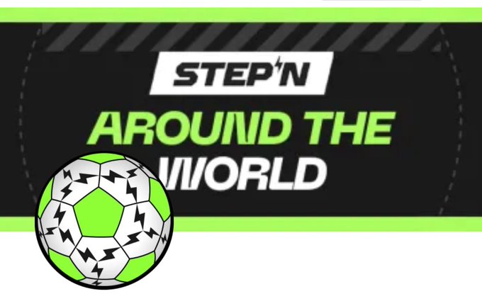 The image features a green soccer ball with white lightning bolts on it, positioned centrally against a black background. The text "Step n around the world" is written above the soccer ball, indicating that this image is related to a video game or tutorial about soccer.