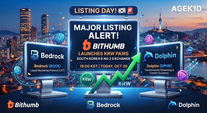 A promotional graphic for Bithumb exchange's listing of Bedrock (ROCK) and Dolphin (DPHN) tokens on October 26 at 19:00 KST, set against a Seoul cityscape backdrop.