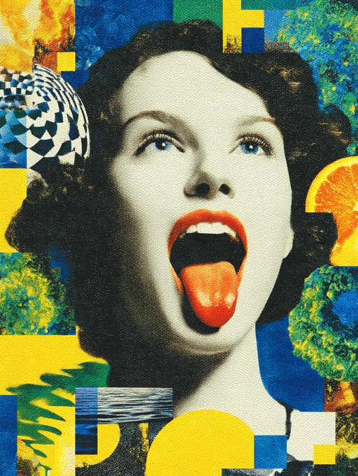 A vibrant pop art collage features a vintage woman with her mouth open and tongue out, surrounded by eclectic elements like an orange slice, kale, and geometric patterns in bold blues and yellows. The eclectic, sensory-rich imagery complements the post's playful tone, celebrating the artwork's creative expression with a nod to the artist @ArtMonochrome2.