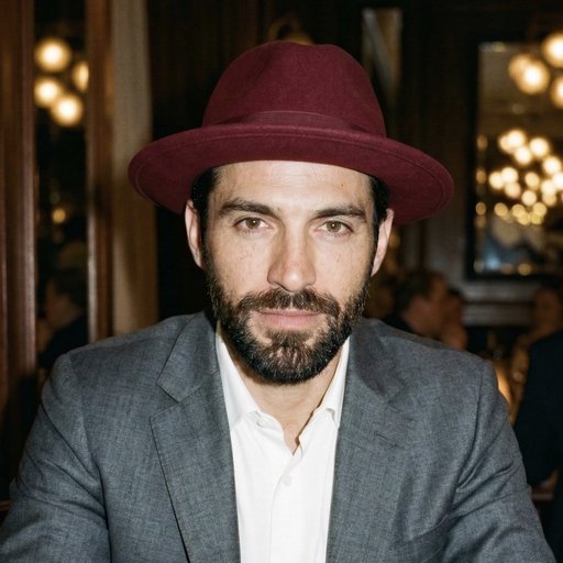 Portrait of a man with a beard wearing a burgundy fedora hat and gray suit jacket with white shirt.
