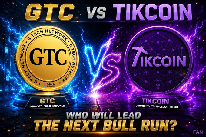 A promotional graphic comparing 'GTC vs TIKCOIN' asking 'WHO WILL LEAD THE NEXT BULL RUN?' with gold and purple coin designs separated by lightning bolts.