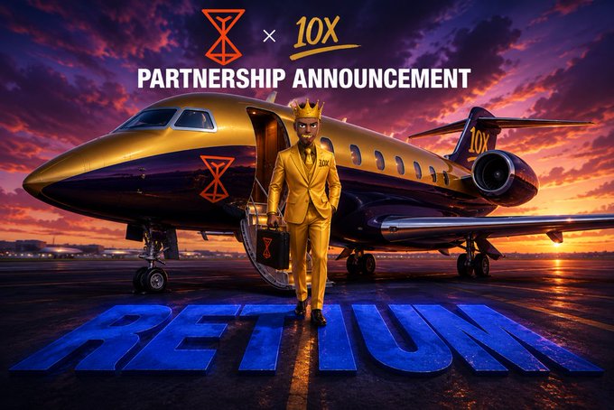 The image features a man dressed in a gold suit standing next to an airplane, with the words "I am Glad to announce my Partnership with @RetiumChain As an official Ambassador for the L1 blockchain of the future built for maths and Logic" written above him. The text is in white letters against a blue background that reads "Retium".