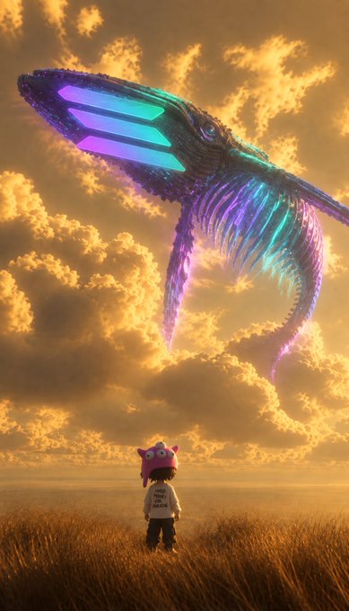 A child wearing a pink pig hat and a shirt reading 'no more mr nice guy' stands in a golden field looking up at a massive, glowing blue and purple whale-like creature flying through dramatic clouds.