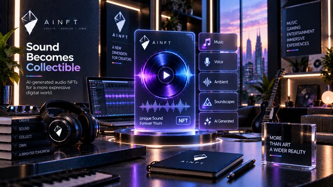 A promotional image for 'AiNFT' featuring the tagline 'Sound Becomes Collectible' and showcasing AI-generated audio NFTs for music, voice, ambient, and soundscapes.