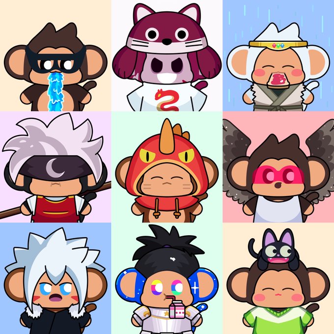 A 3x3 grid featuring nine cute monkey character illustrations, with one in the top-middle wearing a shirt labeled "2," relates to the post as a showcase of the poster's Chimpers NFT collection that they were relieved to still own after their nightmare.