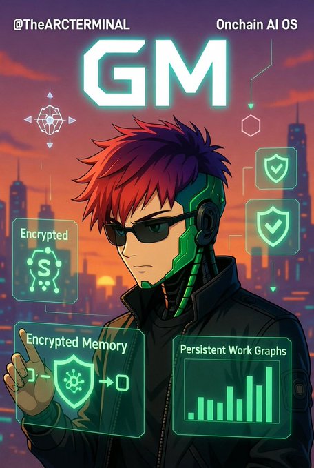 The image features a man with red hair wearing glasses and sunglasses sitting next to his phone, seemingly using some app or device. The text displayed at the bottom of the image states "Good Morning Rising". The title of the accompanying post reads "@TheARCTERMINAL built different. End-to-end encrypted memory, autonomous ANIMA agents, persistent work graph, and full privacy (even the team can’t peek). True sovereign AI infrastructure. Who’s running their ANIMA today?". This might be related to a discussion about an app or device that the man is using in the image, such as a messaging app or productivity tool. The post appears to have been created by @TheARCTERMINAL regarding the main character's activity on a sunny day with an orange sunset, which may be symbolic or simply part of the theme of the post.