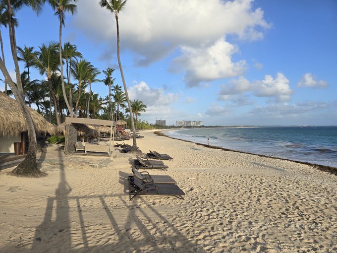 A tropical beach scene features white sand, lounge chairs, thatched-roof cabanas, palm trees, and turquoise water under a blue sky with scattered clouds.