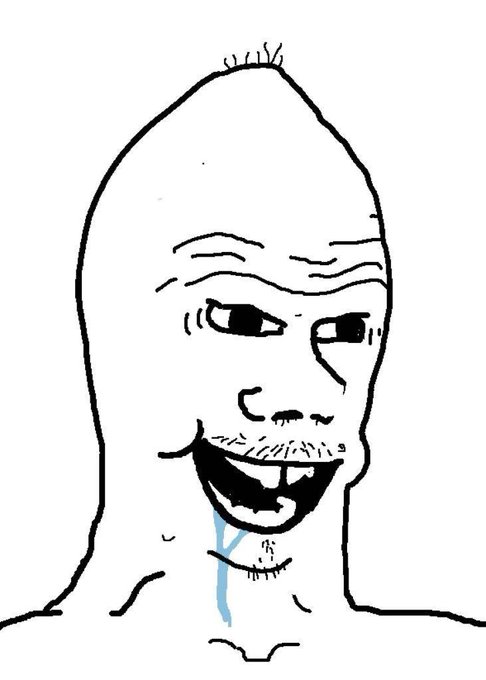 Black and white Wojak-style meme illustration of a smiling, bald character drooling.