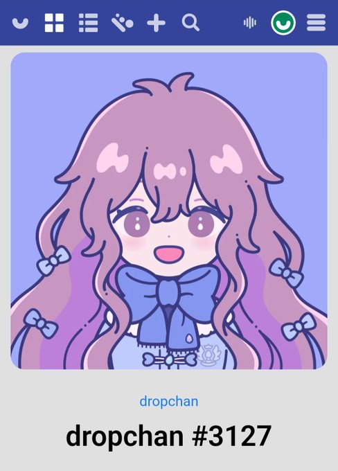 An NFT digital art piece on the Dropchain platform titled 'dropchan #3127', depicting a cute chibi anime girl with long wavy purple hair, a large blue bow, and big pink eyes on a lavender background.
